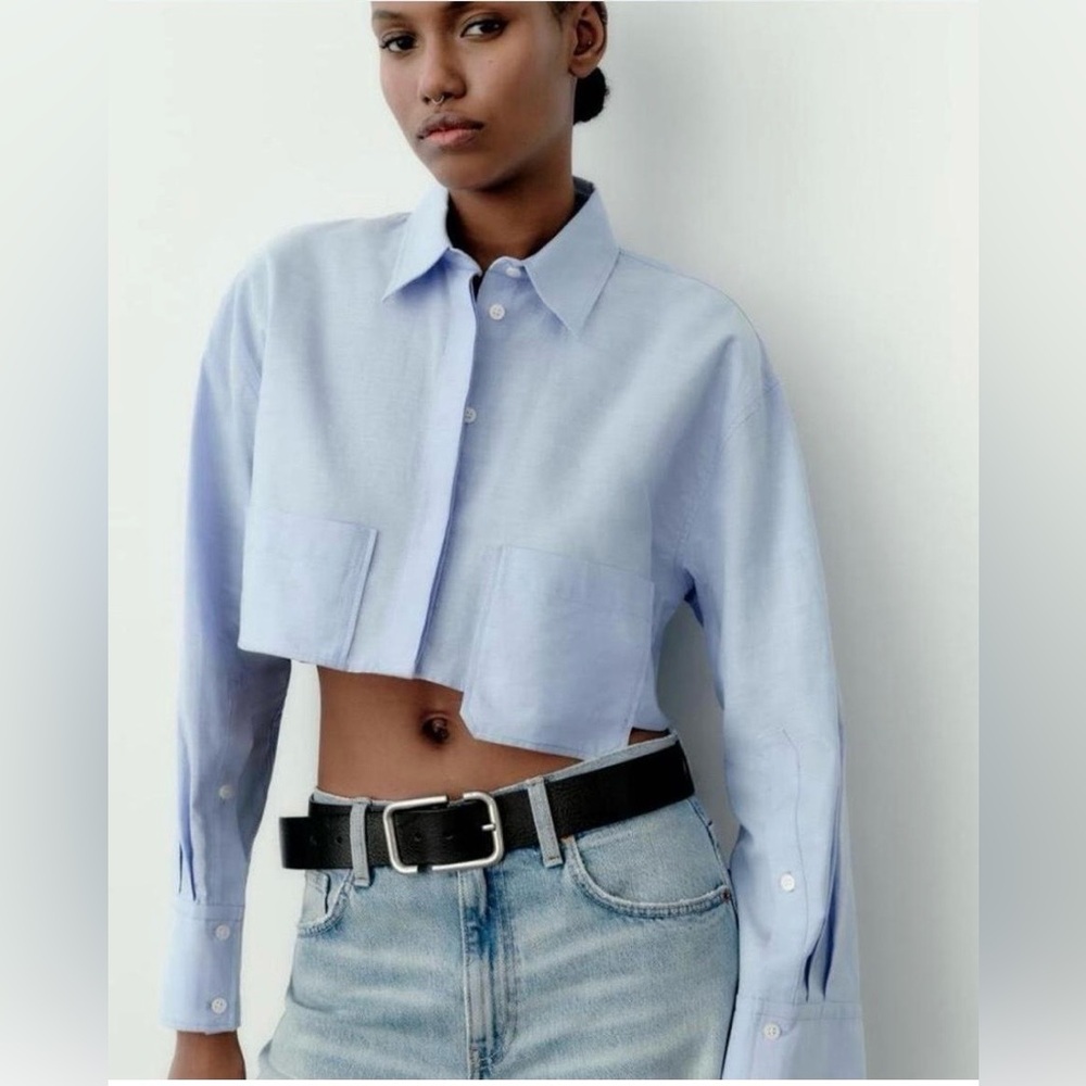 Zara Cropped Chambray Button Down Shirt Size L Preppy Nautical